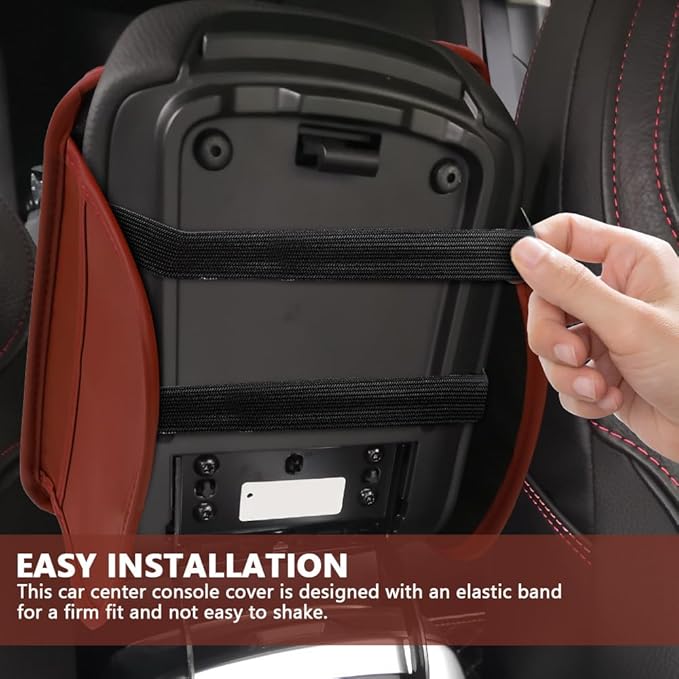 Car Center Console Cover, 12"×7.87" Waterproof Leather Auto Armrest Cover Protector with 2 Pocket, Comfortable Arm Rest Box Cushion Pad, Universal Interior Car Accessories (Wine Red)