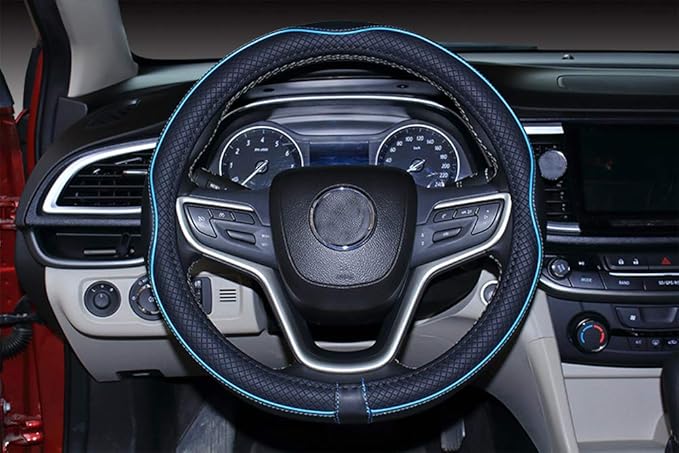 Mayco Bell Small Size Steering Wheel Cover Anti-Slip,Safety,Soft,Breathable,Durable,Full Surround,Comfortable Grip Microfiber Leather (14-14.25 inch,Black Blue)