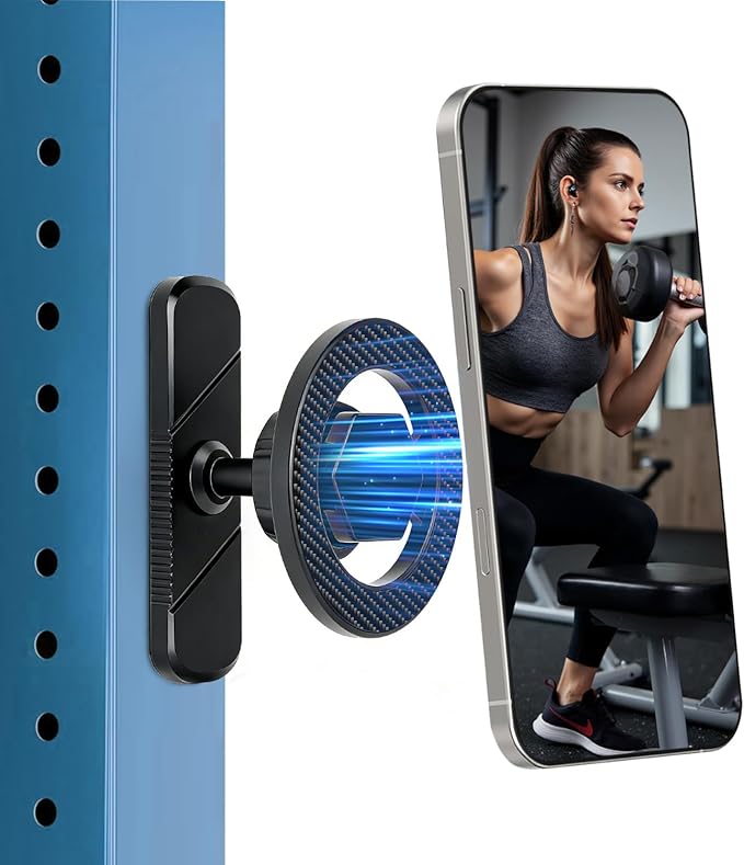 Magnetic Gym Phone Mount for MagSafe – Dual Magnet Stand for iPhone 12-17 / Android, Alloy Base & Ball Joint, Attach to Metal Surfaces for Gym/Golf Cart/Car, Portable Gym Accessories for Men & Women