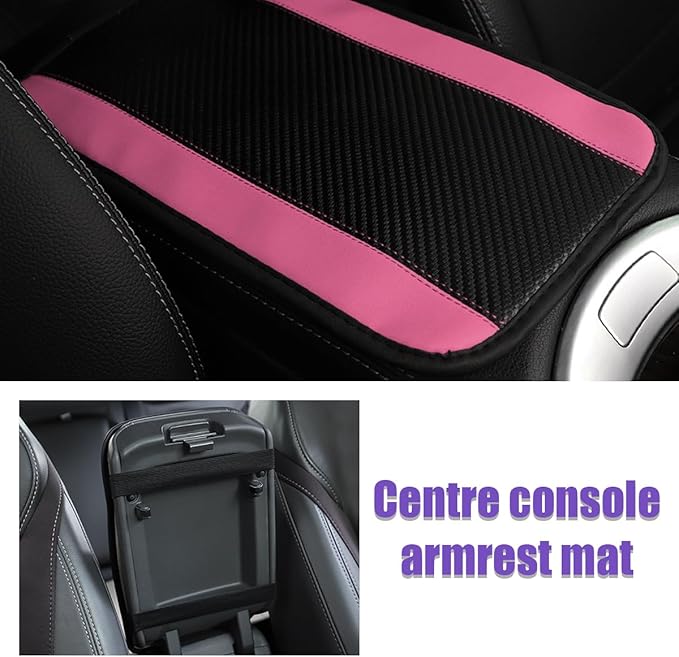 Car Center Console Pad, PU Leather Auto Armrest Seat Box Cover Protector, Comfortable Arm Rest Storage Box Mat for Vehicle Interior Protection, Universal Car Accessories (Carbon Fiber Pink)