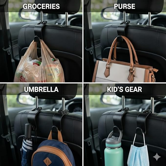 4 Pack Car Seat Headrest Hooks - Universal Back Seat Hanger for Purses, Grocery Bags, and Handbags - Stylish Black Car Organizer Hooks for Interior Storage, Easy Installation, Fits Most Vehicles
