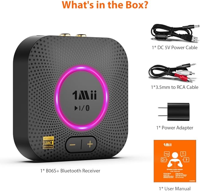 1Mii B06S+ LDAC Bluetooth 5.3 Receiver for Home Stereo Hi-Res Music Streaming, Hi-Fi Wireless Audio Adapter with aptX HD/LL, Long Range, Volume Control, RCA/3.5mm AUX Outputs
