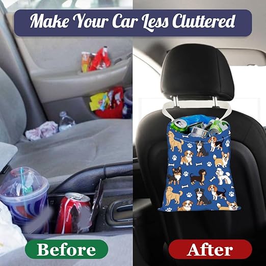 Various Dogs Print Car Trash Bag Hanging Garbage Bag with Snap Buttons Car-Back Seat Trash Storage Portable Dustbin for Car Interior Accessories Travel Camping