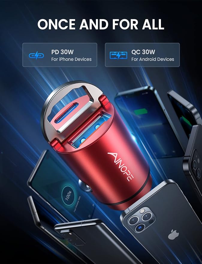 AINOPE USB C Car Charger Adapter, PD36W & QC36W Fast Charging, Mini & All Metal, Compatible with iPhone 15/14 Pro Max/13 & Samsung Smartphones, Red Kits