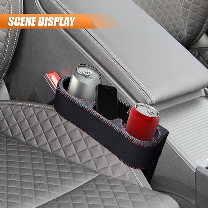 Car Cup Holder, PU Leather Car Seat Gap Filler Organizer Cup Drink Holder, Multifunctional Coin Bucket Cell Mobile Phone Holders, Auto Front Console Storage Box for Most Cars (Black)