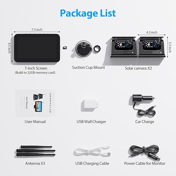 7" Magnetic Solar Wireless Backup Camera System, HD1080P Loop Recording 7 Inch Monitor with Dual RV Backup Cameras Wireless System for Hitch Towing Travel RV Trailer Tractor Truck, BD702