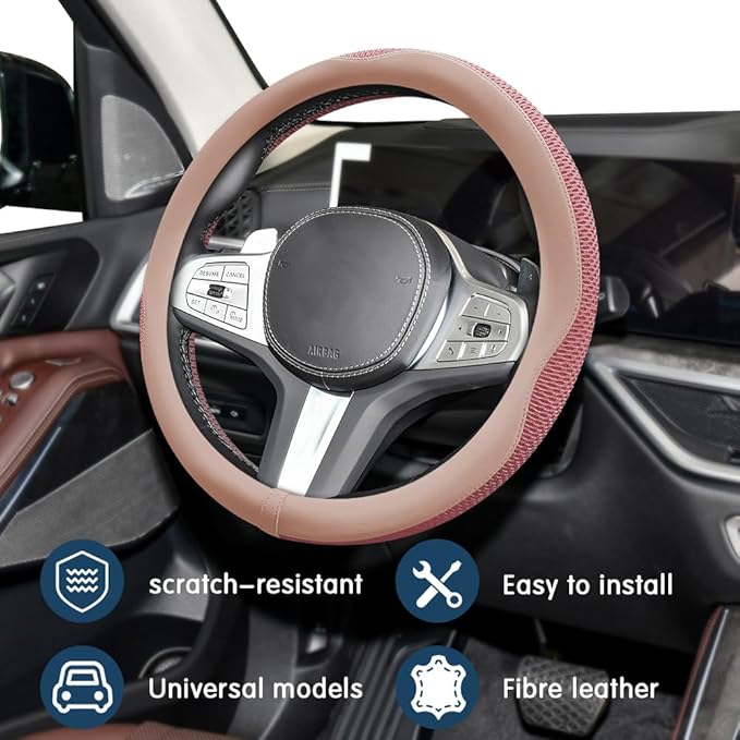 Car Steering Wheel Cover, Steering Wheel Accessories, Universal 15 Inch Microfiber Breathable LCE Silk, Car Accessories Breathable Anti-Slip Protector Universal for SUV Sedan Truck (Pink)
