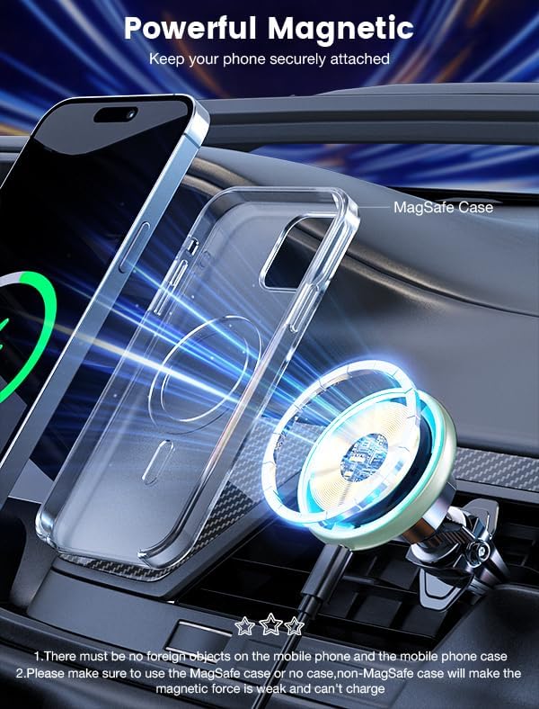 MOKPR for Magsafe Car Mount Charger-15W Wireless Car Charger-Magnetic Car Phone Holder for Dash Air Vent-LED RGB HandsFree Car Mount Fast Car Charger for iPhone 14/13/12 Series,Green