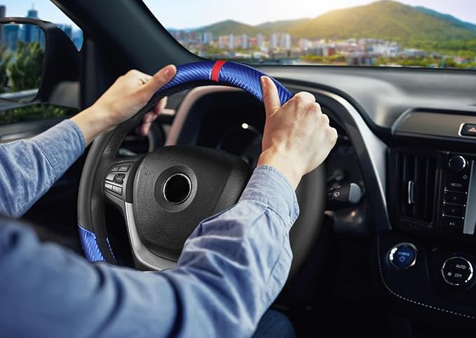 KAFEEK Carbon Fiber Steering Wheel Cover, Universal 15 Inch for Men Women, Breathable Microfiber Leather, Anti-Slip Inner Lining, Sporty Design, Cool in Summer Warm in Winter (Carbon Fiber Blue)