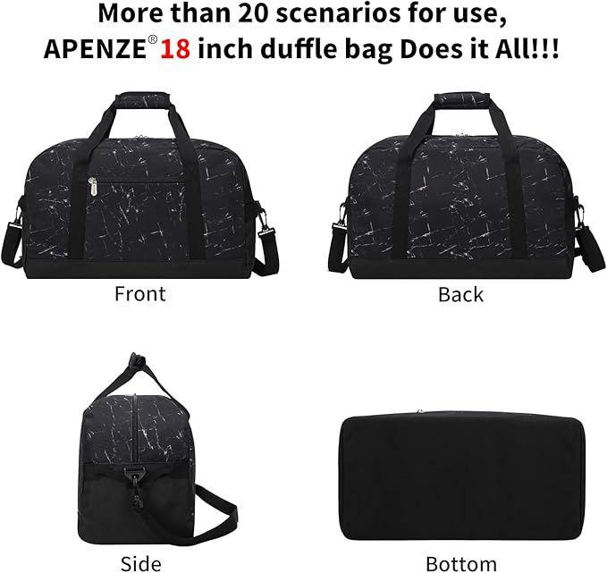 Small Gym Bag 18 inch Carry On Duffel Bag for Weekender Travel - Marble Black