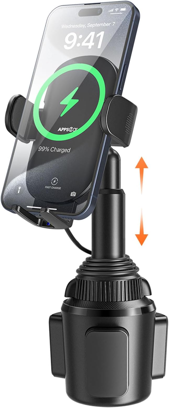 APPS2Car 15W Qi Wireless Car Charger Solid Cup Holder Mount, Adjustable Long Arm & 360° Rotation, Fits 3"–4" Round Cup Holders, Works with Cases ≤ 4 mm (No Metal Attachments)
