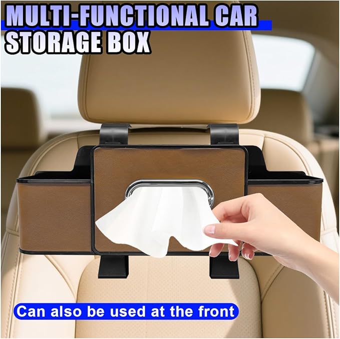 YoRise Multifunctional Car Back Seat Organizer, Leather Automotive Headrest Phone & Tissue & Cup Holder with Hooks, Family Travel Vehicle Backseat Storage Box for Drink, Snack, Handbag (Brown)