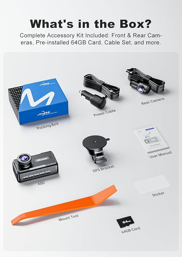 JOMISE 4K Dual Dash Cam Front and Rear,Dashcam for Cars with 3.2" Touchscreen, 64GB Card, GPS & 5.8GHz WiFi, Enhanced Night Vision, Parking Mode, Button & Touch Control, Support 256GB Max A80-T