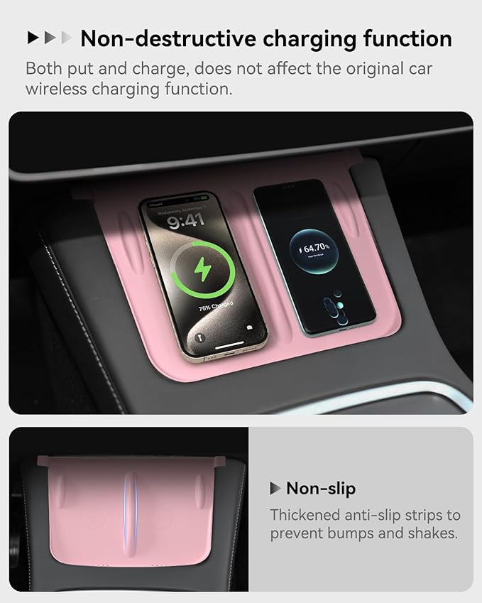 Farmogo Protector Trim Frame for Tesla Model 3 2021-2023 & Model Y 2020-2024 Accessories with Wireless Silicone Charging Mat, Screen Edge Frame and Rearview Mirror Protector Frame (3 PCS Pink)