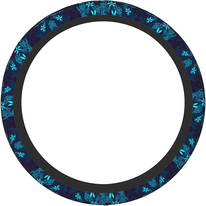Polynesian Teal Tribal Leaf Floral Car Steering Wheel Cover for Women Men Stretch Cloth Anti-Slip Wrap Protector Case Fit Universal Auto Accessories Decor Sweat Absorption 14-15 Inch