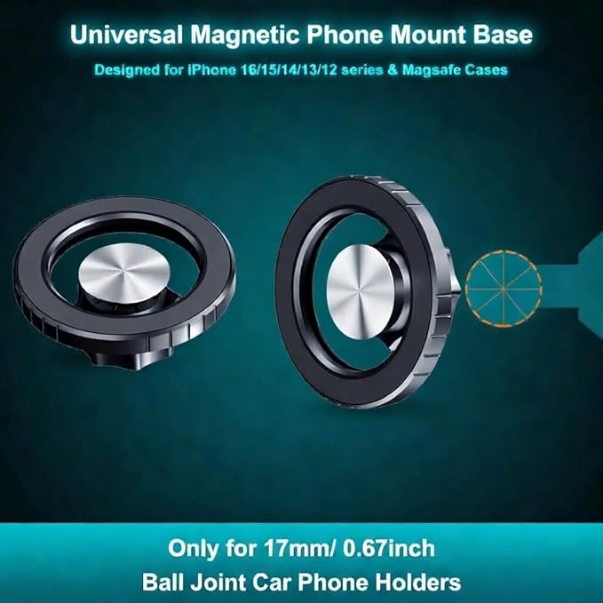 Magnetic Ball Phone Mount Compatible with MagSafe, 17mm/0.67inch Ball Joint, Strong N52 Magnets - Swivel & Rotate Car Phone Holder for iPhone 17 16 15 14 13 12 Android (MagSafe Holder only)