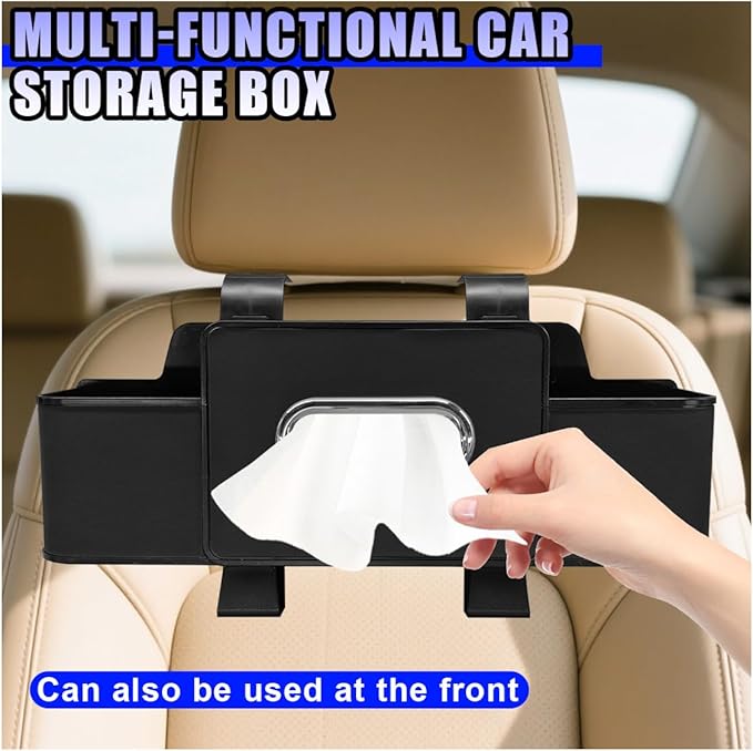 YoRise Multifunctional Car Back Seat Organizer, Leather Automotive Headrest Phone & Tissue & Cup Holder with Hooks, Family Travel Vehicle Backseat Storage Box for Drink, Snack, Handbag (Black)