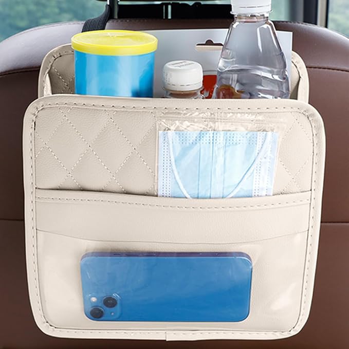 Car Seat Back Organizer, Leather Multipurpose Collapsible Vehicle Backseat Hanging Bag, Portable Automotive Interior Seat Storage Organizer, Universal for SUV RV Truck (Beige)
