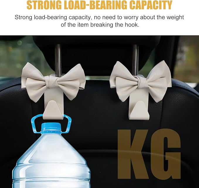 2 Pack Car Seat Headrest Hooks, Cute Bow Design Backseat Hook Storage Organizer for Purses, Handbags, Coats, Umbrellas, Cute Car Accessories for Women and Girls (White Leather)