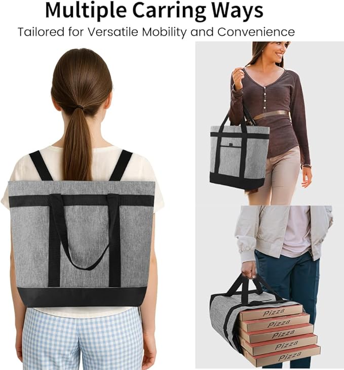 mosago 2PK Reusable Grocery Tote Bags, Insulated Cooler Shopping Bag for Women, Pizza/Food Delivery Bags to Keep Food Hot/Cold for Commercial Food Transport, Cooler Bag for Travel/Picnic, Collapsible