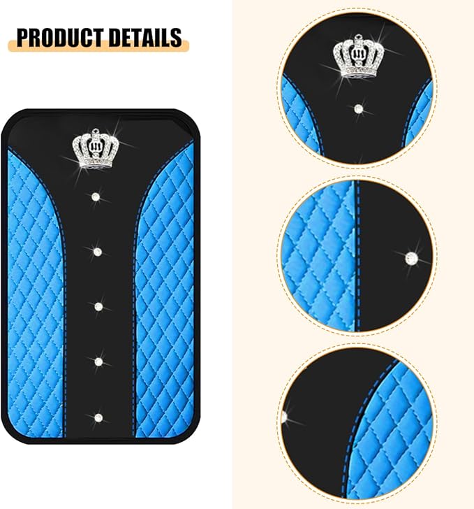 Bling Car Center Console Cover, Crown Crystal Rhinestones Vehicle Armrest Mat Protector, Anti Slip Sparkling Automotive Arm Rest Seat Box Cushion Pad Decor Accessories, Universal Fit (Blue)