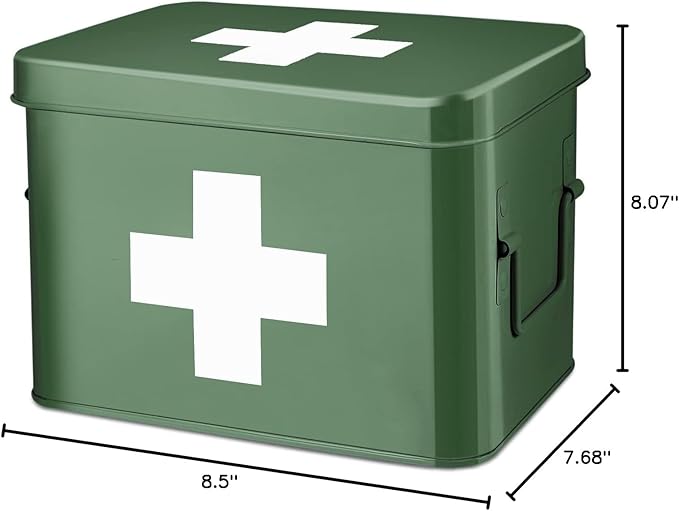 Flexzion Medicine Box, Home Pharmacy Box, 33 x 21 x 19 cm, Metal Medication Storage for Emergency, First Aid Cabinet, with Side Handles, Removable Tray & 5 Compartments, Green