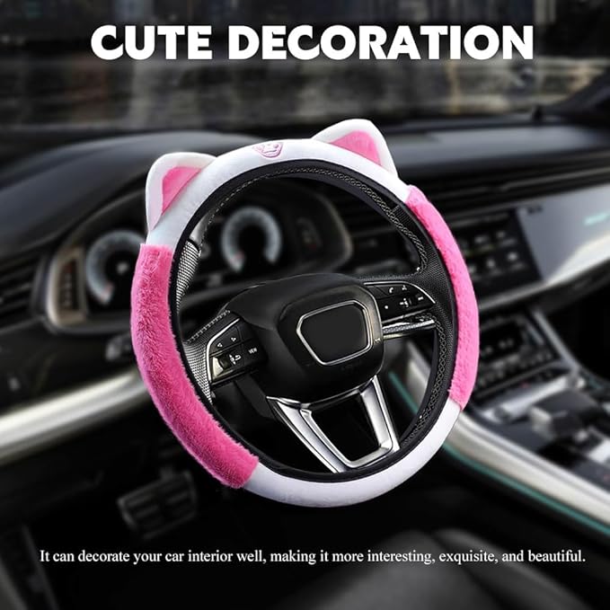 Car Steering Wheel Cover, 15 Inch Fluffy Soft Plush Auto Protector, Anti-Slip Elastic Lovely Car Cover Accessories with Kitty Cat Ears Universal for Most Vehicles (Fluffy-White+Rose Pink)