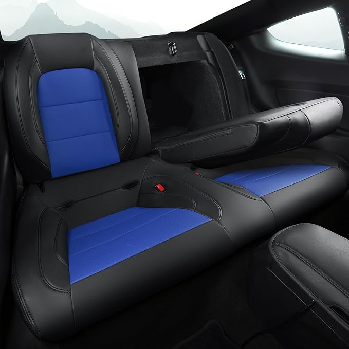 GIANT PANDA Customized Full Set Car Seat Covers Fit Ford Mustang Coupe Hardtop 2015 2016 2017 2018 2019 2020 2021 2022 2023 2024 2025 2026- (Black+Blue)