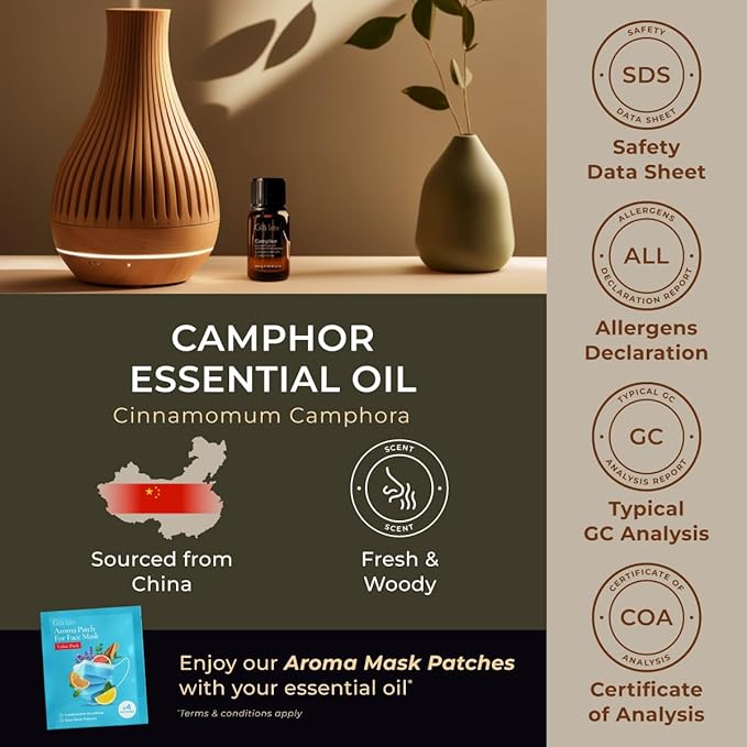 100% Pure Camphor Essential Oil - 0.34 Fl Oz - Camphor Oil for Hair, Skin, Diffuser, Aromatherapy & DIY Candle Making Scent