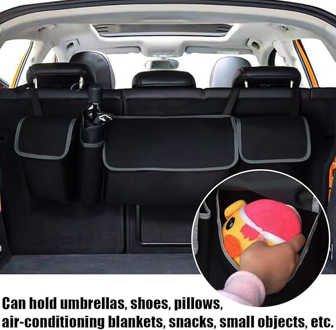 Car Trunk Organizer, Oxford Backseat Storage Bag with 4 Pockets, Waterproof Adjustable Large Capacity Hanging Collapsible Bag for Most Vehicles, Universal Car Accessories