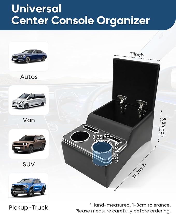 Upgraded Center Console, Truck Bench Front Seats Center Console Organizer and Storage, Cup & Phone Holder for Minivan, SUV, Middle Van
