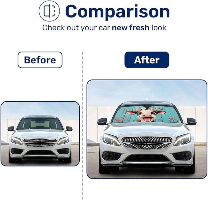 GENANY Smiling Cow Windshield Sun Shade for Car SUV Truck (55x30 Inches), Sun Shade Windshield, Shades for Front Windows, Xmas Auto Gift, Spring Car Decor