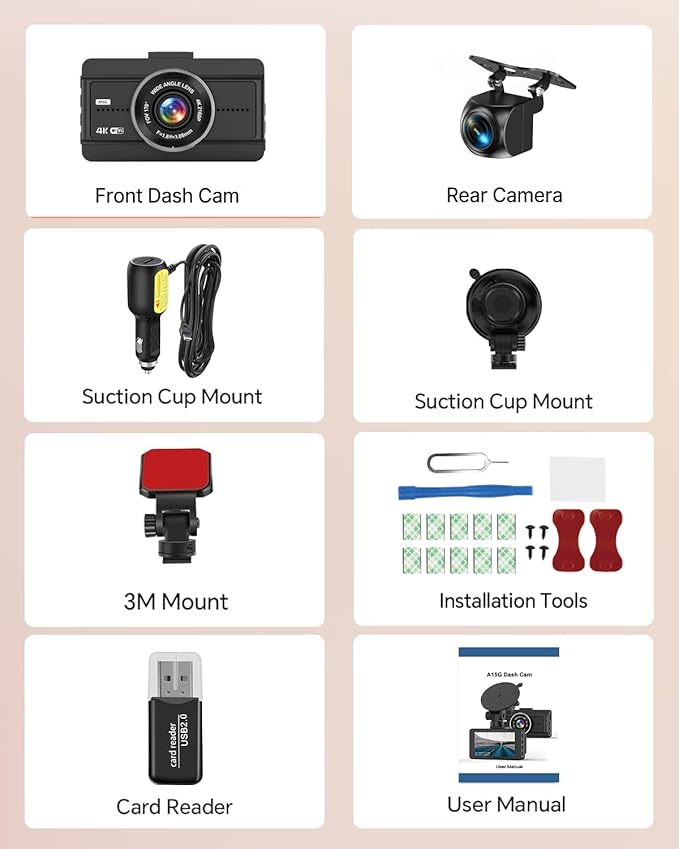 Dash Cam Front and Rear, 4K Full HD Dual Dash Camera for Cars W/ 64GB Card Included, Built-in 5G WiFi & GPS, Car Camera Dashcams for Cars with Night Vision, Parking Monitor, WDR, Emergency Lock