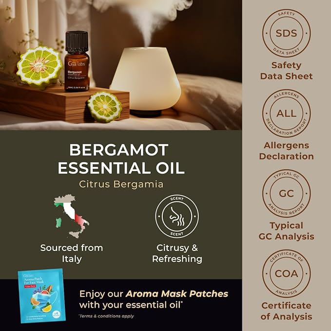100% Pure Bergamot Essential Oil - 0.34 Fl Oz - Bergamot Oil for Hair, Skin, Diffuser, Aromatherapy & DIY Candle Making Scent