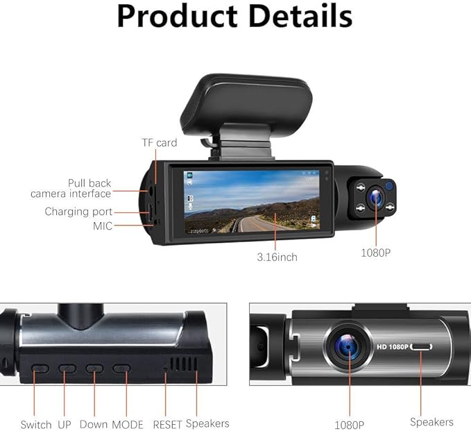 64GB Dash Cam Front and Rear for Cars with Night Vision, 1080P Dual Lens Dash Camera Inside and Outside, 24H Parking Monitor, Motion Detection, Loop Recording, Car Camera with Audio