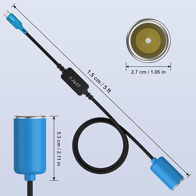 J&D USB C Male to 12V Car Cigarette Lighter Socket Female Converter Cable, 12V 18W Power Cable for Dash Cam, GPS, Car LED Light Strips, Blue, 5 ft