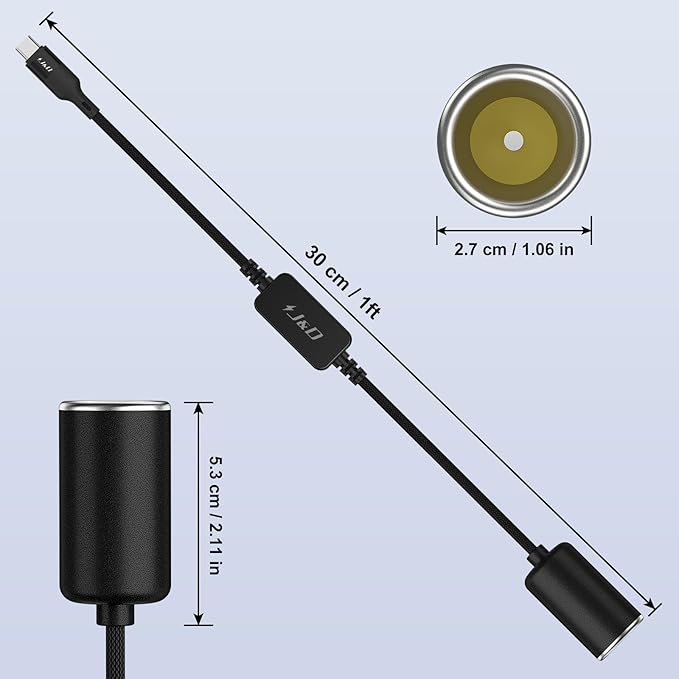 J&D USB C Male to 12V Car Cigarette Lighter Socket Female Converter Cable, 12V 18W Power Cable for Dash Cam, GPS, Car LED Light Strips, Black, 1 ft
