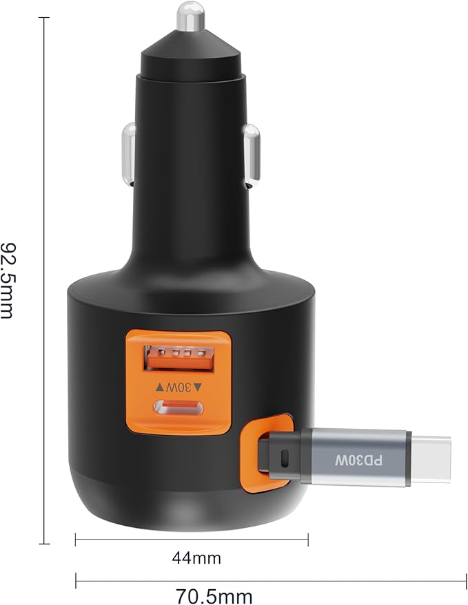 60W Retractable Car Charger, 3-in-1 USB-C Fast Charging Cigarette Lighter Adapter with Built-in Retractable Cable, Compatible with iPhone 16/15 Pro Max, Galaxy S25, iPad – Orange