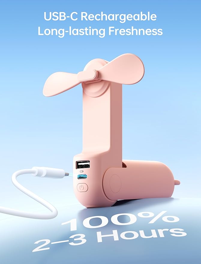 JISULIFE 3 IN 1 Handheld Mini Fan - Portable Fan & Power Bank & Flashlight, 19H Max Cooling, USB Rechargeable, Pocket-Sized for Travel, Cruise, Concerts, Makeup, 2026 Summer Gifts for Women(Pink)