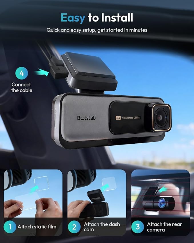 BOTSLAB 4K Dash Cam Front and Rear, 64GB SD Card Included, 170° Ultra Wide 4K+2K Dashcam with ADAS, Night Vision, 24/7 Parking Mode, IMX415 STARVIS Sensor, WDR, 5.8GHz WiFi,Built-in GPS,Loop Recording