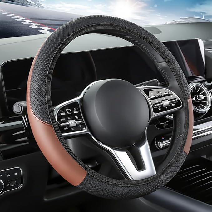 Car Steering Wheel Cover, Elastic Stretch Leather Non-Slip Vehicle Steering Wheel Guard, Automotive Interior Protective Decor Accessories, Universal for SUV RV Truck (Black/Coffee)