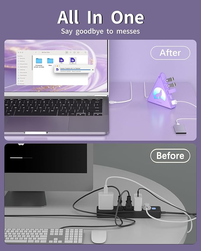 USB 3.0 Hub 7 Port, Vertical USB Splitter with RGB Lighting, 5Gbps High-Speed Data Transfer, 2FT Extension Cable, Tower USB Hub for PC, Laptop, MacBook, PS5, Xbox, Flash Drive, Printer (Light Purple)