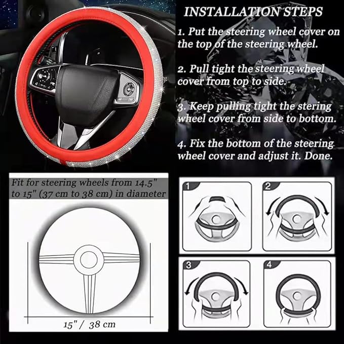 Bling Diamond Leather Steering Wheel Cover for Women Girls with Crystal Rhinestones, Universal Fit 14.5-15 Inch Car Steering Wheel Cover Accessories