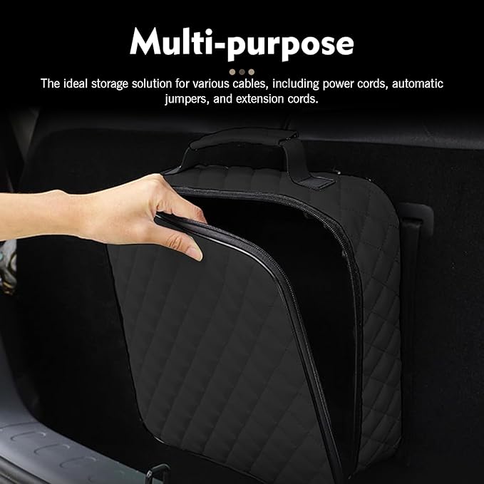 Car Jumper Cable Bag, 12.6In Leather Waterproof Tools Cable Bag, Portable Car Trunk Storage & Organizer for EV Charging Cord, Hoses, Universal for Road Trip Garage