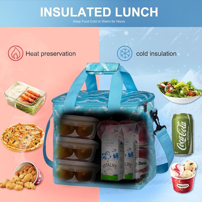 iknoe Large Cooler Bag Collapsible 24 Can Insulated Bags Leakproof Lunch Cooler Tote with Multi-Pockets for Adult Insulated Thermal Bag for Beach, Picnic, Office Work, Blue White