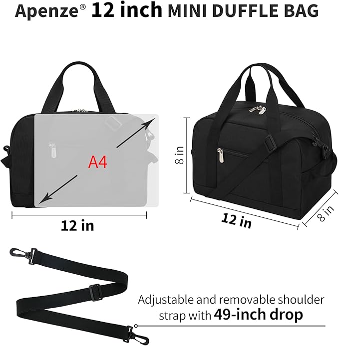 Small Gym Bag Carry On Bag - 12 in Mini Duffle Bag Lightweight for Overnight Travel(Black)