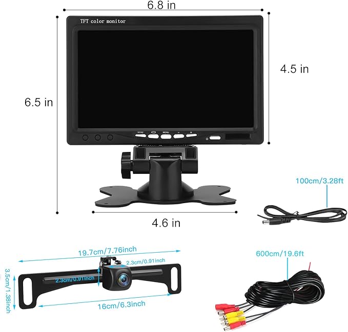 Kairiyard License Plate Backup Camera with 7 Inch Monitor, HD 1080P Reverse Camera Waterproof DIY Grid Lines No-Delay Wired Rear View Camera System for Truck Car SUV