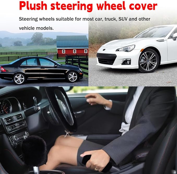 Fluffy Steering Wheel Cover, Winter Warm, Suitable for Most Car Steering Wheels in The 14-15 Inch Range (Black, 3PCS)