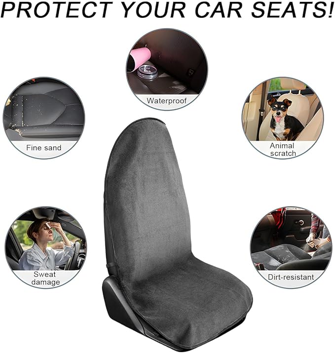 2PCS Car Towel Seat Cover, Waterproof Sweating Non-Slip Premium Soft Towel Carseat Protector, Universal Machine Washable Car Truck SUV Front Seat Cover for Gym Workout Beach Hiking (Gray)