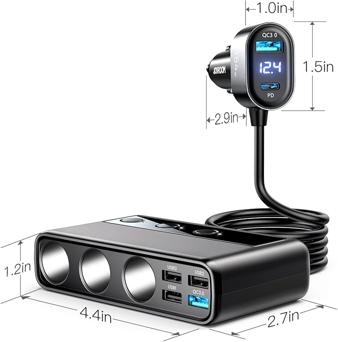 9 in 1 Cigarette Lighter Splitter, JOYROOM 210W Cigarette Lighter Adapter with PD/QC 3.0 * 2 Charge(3.3FT Cable), 12V/24V Independent Switches DC Cigarette Outlet Car Charger for All Car Devices